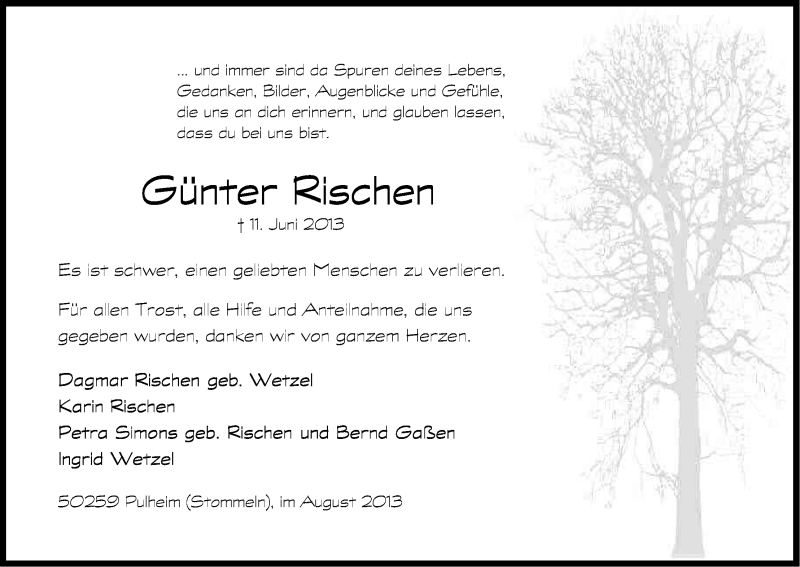 Traueranzeige für Günter Rischen vom 03.08.2013 aus Kölner Stadt-Anzeiger / Kölnische Rundschau / Express