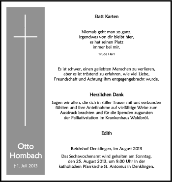 Anzeige von Otto Hombach von Kölner Stadt-Anzeiger / Kölnische Rundschau / Express
