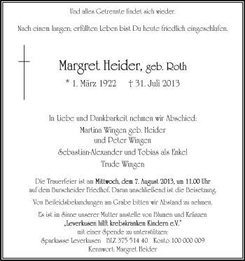 Anzeige von Margret Heider von Kölner Stadt-Anzeiger / Kölnische Rundschau / Express