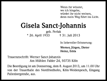 Anzeige von Gisela Sanct-Johannis von Kölner Stadt-Anzeiger / Kölnische Rundschau / Express