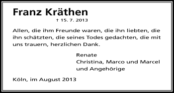 Anzeige von Franz Kräthen von Kölner Stadt-Anzeiger / Kölnische Rundschau / Express