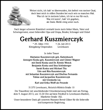Anzeige von Gerhard Kuszmierczyk von Kölner Stadt-Anzeiger / Kölnische Rundschau / Express