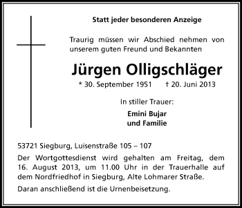 Anzeige von Jürgen Olligschläger von Kölner Stadt-Anzeiger / Kölnische Rundschau / Express