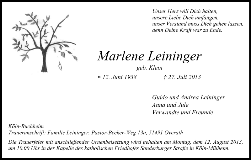  Traueranzeige für Marlene Leininge vom 03.08.2013 aus Kölner Stadt-Anzeiger / Kölnische Rundschau / Express