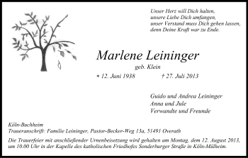 Anzeige von Marlene Leininge von Kölner Stadt-Anzeiger / Kölnische Rundschau / Express