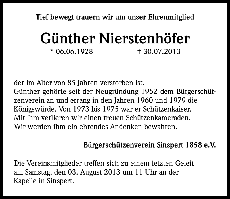  Traueranzeige für Günther Nierstenhöfer vom 03.08.2013 aus Kölner Stadt-Anzeiger / Kölnische Rundschau / Express