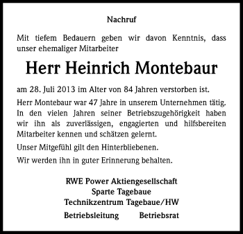 Anzeige von Heinrich Montebaur von Kölner Stadt-Anzeiger / Kölnische Rundschau / Express