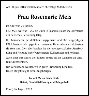 Anzeige von Rosemarie Meis von Kölner Stadt-Anzeiger / Kölnische Rundschau / Express