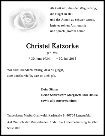 Anzeige von Christel Katzorke von Kölner Stadt-Anzeiger / Kölnische Rundschau / Express