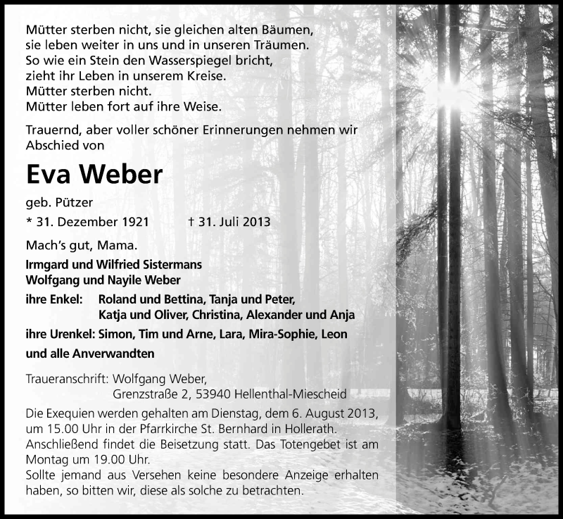  Traueranzeige für Eva Weber vom 03.08.2013 aus Kölner Stadt-Anzeiger / Kölnische Rundschau / Express