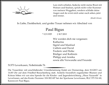 Anzeige von Paul Bigus von Kölner Stadt-Anzeiger / Kölnische Rundschau / Express