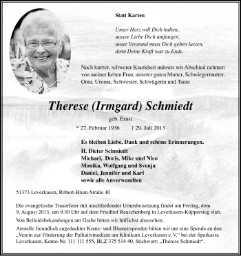 Anzeige von Therese Irmgard Schmiedt von Kölner Stadt-Anzeiger / Kölnische Rundschau / Express