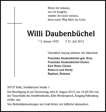 Anzeige von Willi Daubenbüchel von Kölner Stadt-Anzeiger / Kölnische Rundschau / Express