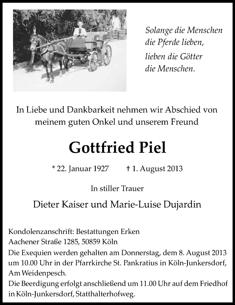  Traueranzeige für Gottfried Piel vom 03.08.2013 aus Kölner Stadt-Anzeiger / Kölnische Rundschau / Express