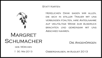 Anzeige von Margret Schumacher von Kölner Stadt-Anzeiger / Kölnische Rundschau / Express