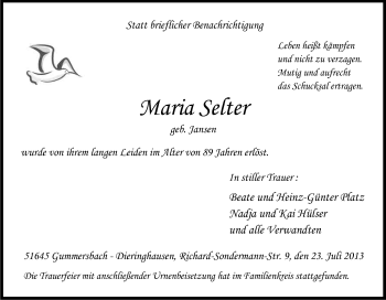 Anzeige von Maria Selter von Kölner Stadt-Anzeiger / Kölnische Rundschau / Express