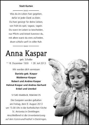 Anzeige von Anna Kaspar von Kölner Stadt-Anzeiger / Kölnische Rundschau / Express