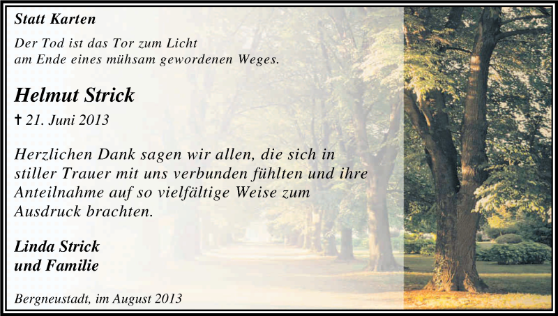  Traueranzeige für Helmut Strick vom 03.08.2013 aus Kölner Stadt-Anzeiger / Kölnische Rundschau / Express