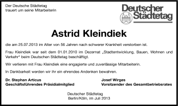 Anzeige von Astrid Kleindiek von Kölner Stadt-Anzeiger / Kölnische Rundschau / Express