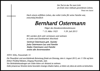 Anzeige von Bernhard Ostermann von Kölner Stadt-Anzeiger / Kölnische Rundschau / Express