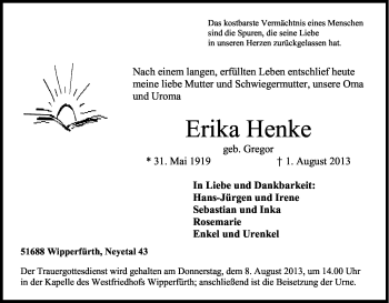 Anzeige von Erika Henke von Kölner Stadt-Anzeiger / Kölnische Rundschau / Express