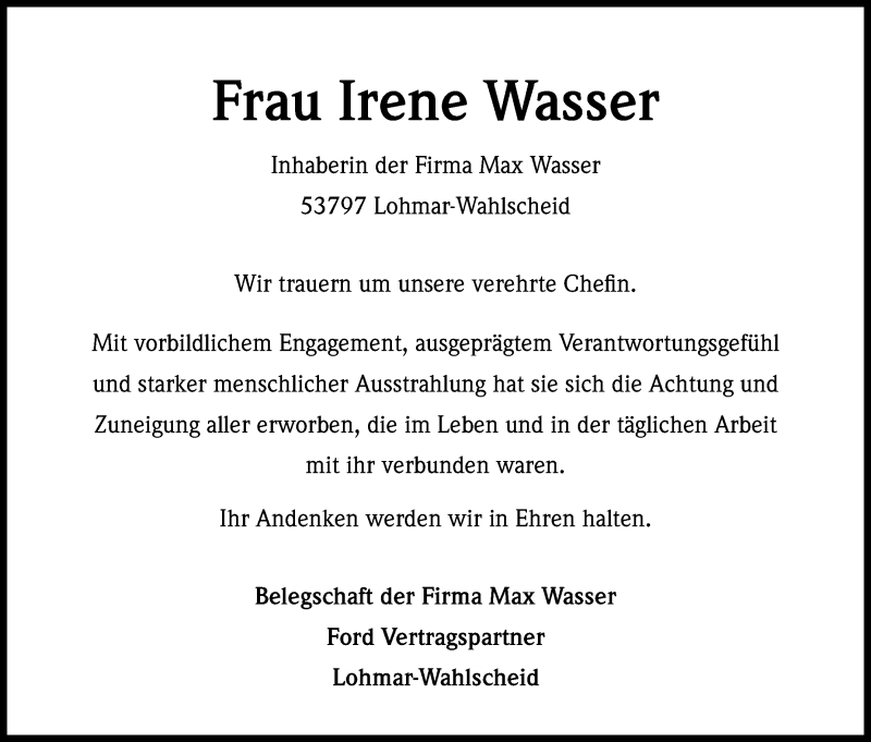  Traueranzeige für Irene Wasser vom 03.08.2013 aus Kölner Stadt-Anzeiger / Kölnische Rundschau / Express