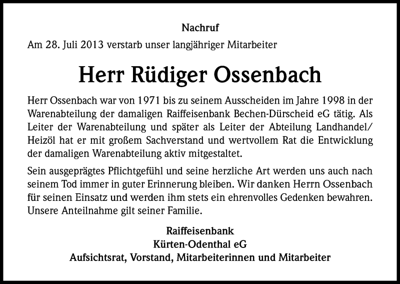  Traueranzeige für Rüdiger Ossenbach vom 03.08.2013 aus Kölner Stadt-Anzeiger / Kölnische Rundschau / Express