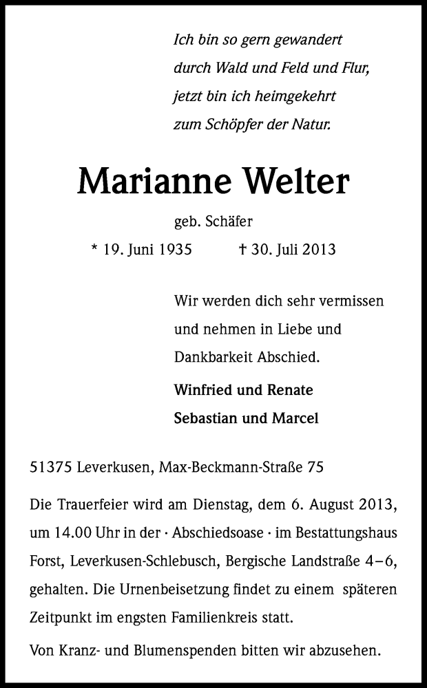  Traueranzeige für Marianne Welter vom 03.08.2013 aus Kölner Stadt-Anzeiger / Kölnische Rundschau / Express