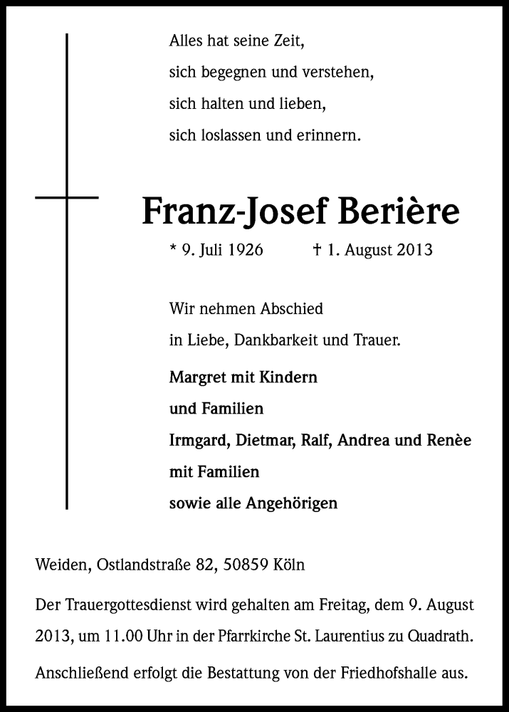  Traueranzeige für Franz-Josef Berière vom 03.08.2013 aus Kölner Stadt-Anzeiger / Kölnische Rundschau / Express