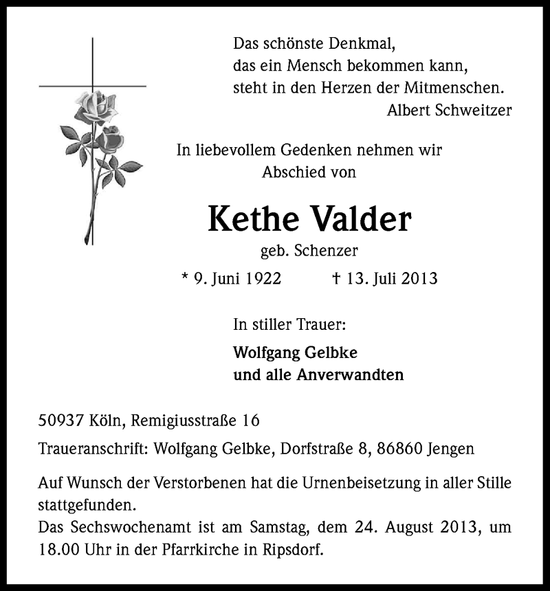 Traueranzeige für Käthe Valder vom 03.08.2013 aus Kölner Stadt-Anzeiger / Kölnische Rundschau / Express