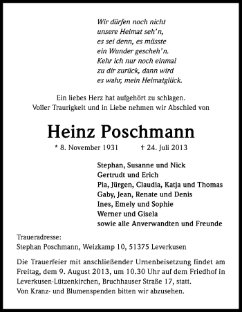 Anzeige von Heinz Poschmann von Kölner Stadt-Anzeiger / Kölnische Rundschau / Express