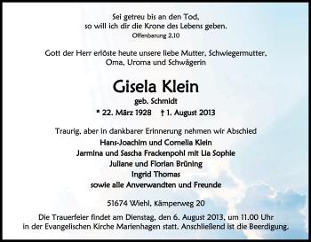 Anzeige von Gisela Klein von Kölner Stadt-Anzeiger / Kölnische Rundschau / Express