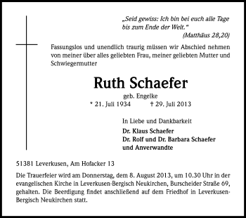 Anzeige von Ruth Schaefer von Kölner Stadt-Anzeiger / Kölnische Rundschau / Express
