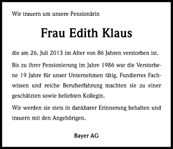 Anzeige von Edith Klaus von Kölner Stadt-Anzeiger / Kölnische Rundschau / Express