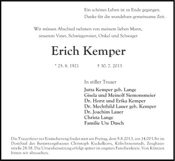 Anzeige von Kemper Erich von Kölner Stadt-Anzeiger / Kölnische Rundschau / Express