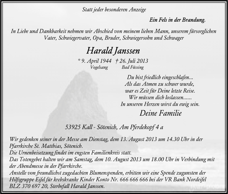 Traueranzeige für Harald Janssen vom 03.08.2013 aus Kölner Stadt-Anzeiger / Kölnische Rundschau / Express