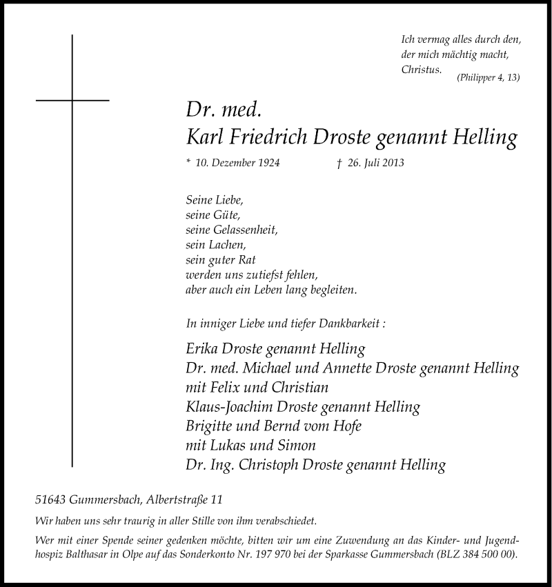  Traueranzeige für Karl Friedrich Droste genannt Helling vom 03.08.2013 aus Kölner Stadt-Anzeiger / Kölnische Rundschau / Express