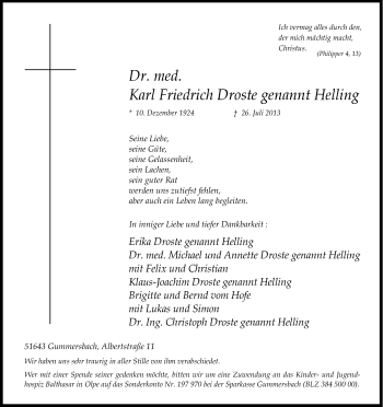 Anzeige von Karl Friedrich Droste genannt Helling von Kölner Stadt-Anzeiger / Kölnische Rundschau / Express