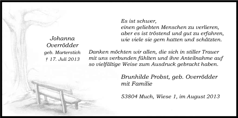  Traueranzeige für Johanna Overrödder vom 10.08.2013 aus Kölner Stadt-Anzeiger / Kölnische Rundschau / Express