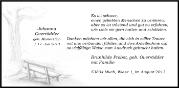 Anzeige von Johanna Overrödder von Kölner Stadt-Anzeiger / Kölnische Rundschau / Express