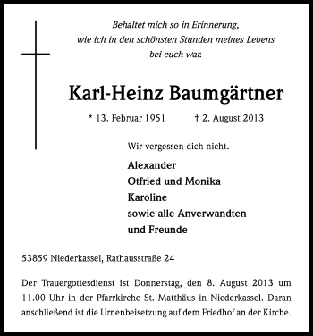 Anzeige von Karl-Heinz Baumgärtner von Kölner Stadt-Anzeiger / Kölnische Rundschau / Express