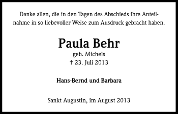 Anzeige von Paula Behr von Kölner Stadt-Anzeiger / Kölnische Rundschau / Express