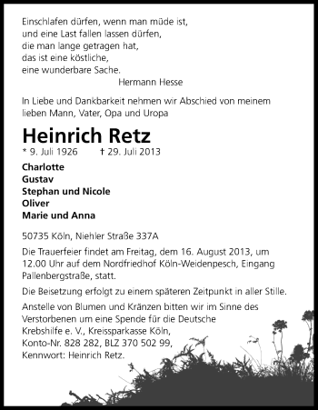 Anzeige von Heinrich Retz von Kölner Stadt-Anzeiger / Kölnische Rundschau / Express