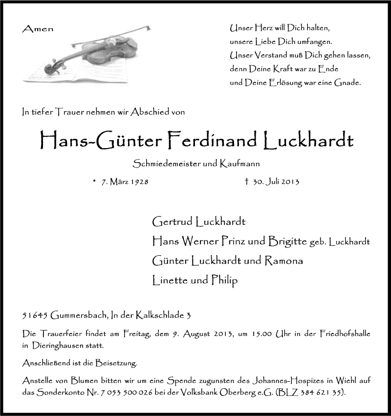 Traueranzeige für Hans-Günter Ferdinand Luckhardt vom 03.08.2013 aus Kölner Stadt-Anzeiger / Kölnische Rundschau / Express
