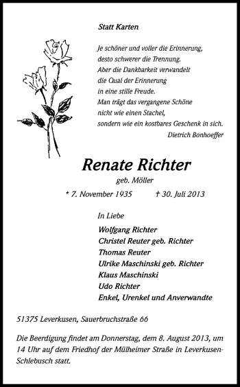 Anzeige von Renate Richter von Kölner Stadt-Anzeiger / Kölnische Rundschau / Express