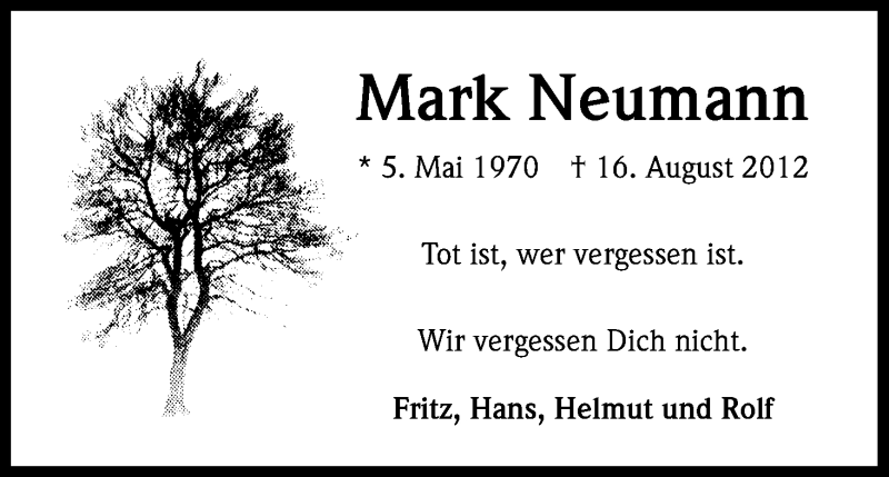  Traueranzeige für Mark Neumann vom 16.08.2013 aus Kölner Stadt-Anzeiger / Kölnische Rundschau / Express