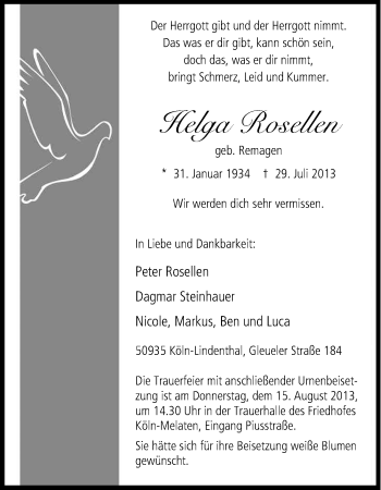 Anzeige von Helga Rosellen von Kölner Stadt-Anzeiger / Kölnische Rundschau / Express