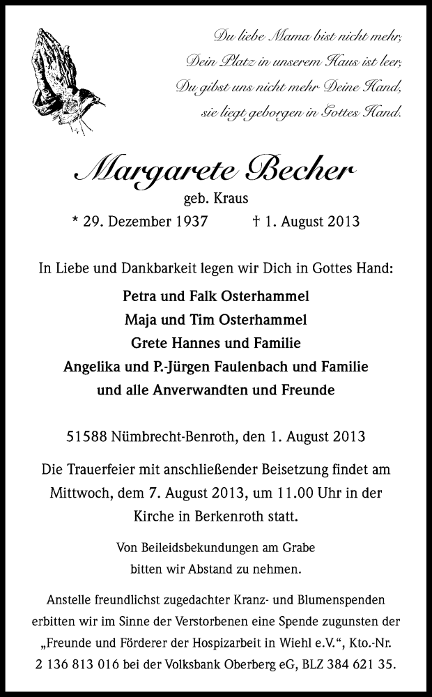  Traueranzeige für Margarete Becher vom 05.08.2013 aus Kölner Stadt-Anzeiger / Kölnische Rundschau / Express