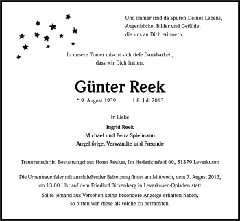 Anzeige von Günter Reek von Kölner Stadt-Anzeiger / Kölnische Rundschau / Express