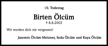 Anzeige von Birten Ölcüm von Kölner Stadt-Anzeiger / Kölnische Rundschau / Express